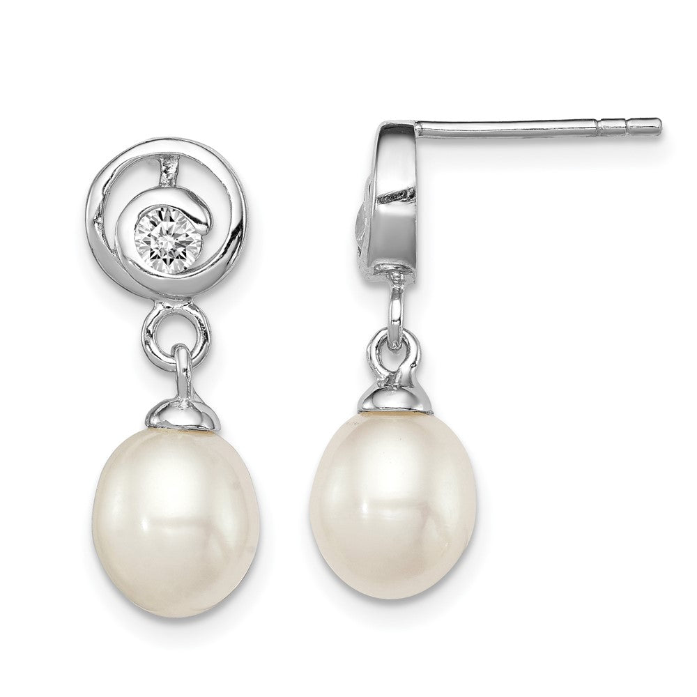 Sterling Silver Rhodium Plated Clear CZ and 7-8mm White Freshwater Cultured Pearl Dangle Post Earrings