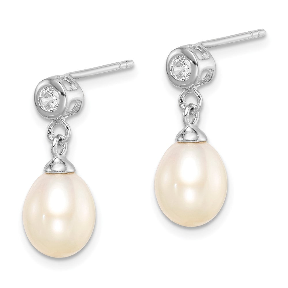 Sterling Silver Rh-plated 7-8mm White FWC Pearl CZ Dangle Earrings