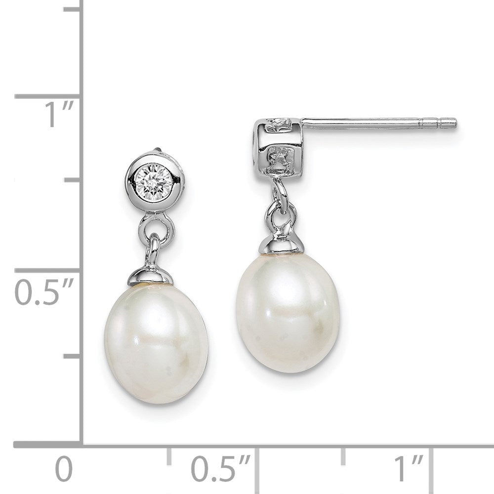 Sterling Silver Rh-plated 7-8mm White FWC Pearl CZ Dangle Earrings
