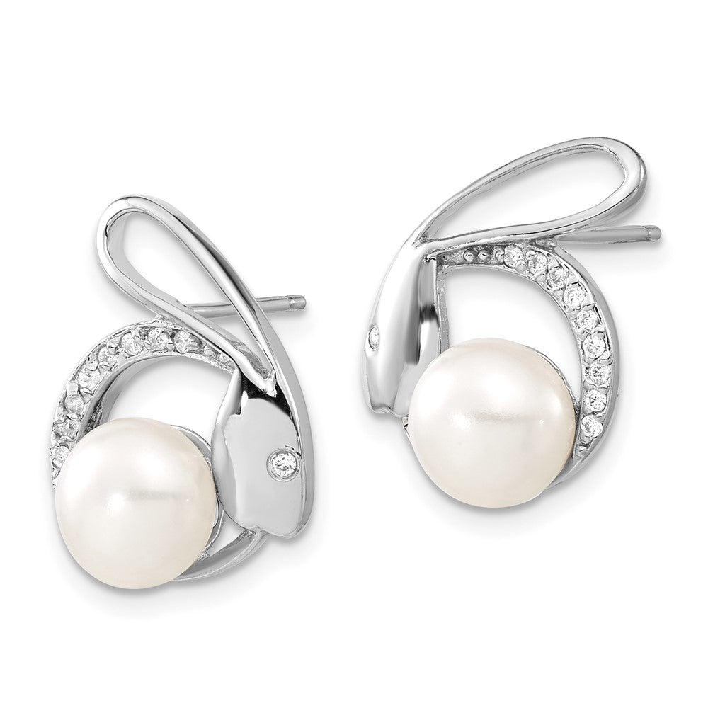 Sterling Silver Polished Freshwater Cultured Pearl & CZ Rabbit Post Earrings
