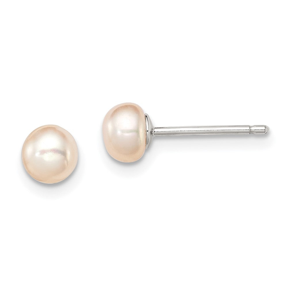 Sterling Silver Rhodium-plated Polished 4-5mm Pink Button Freshwater Cultured Pearl Children's Post Earrings