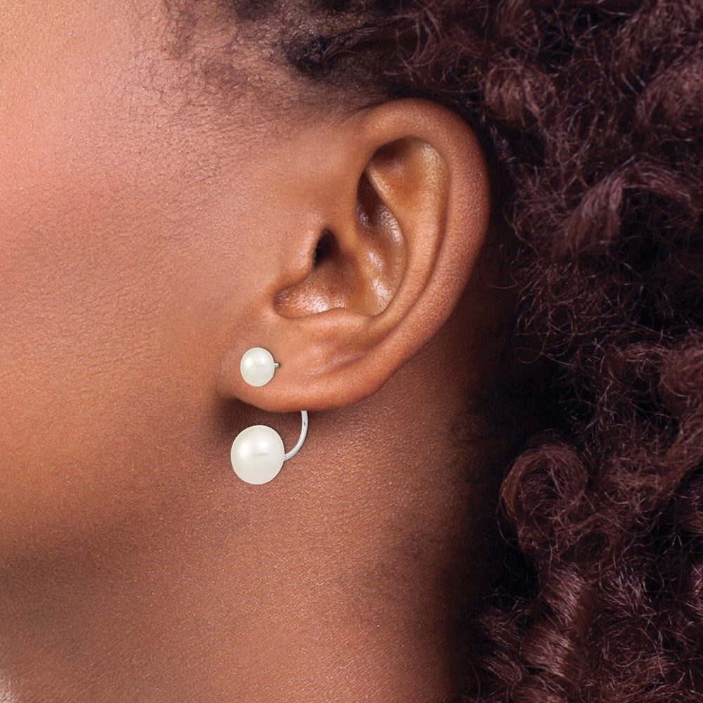 Sterling Silver Rhodium-plated Polished 5-6mm & 8-9mm White Freshwater Cultured Pearl Front & Back Post Dangle Earrings