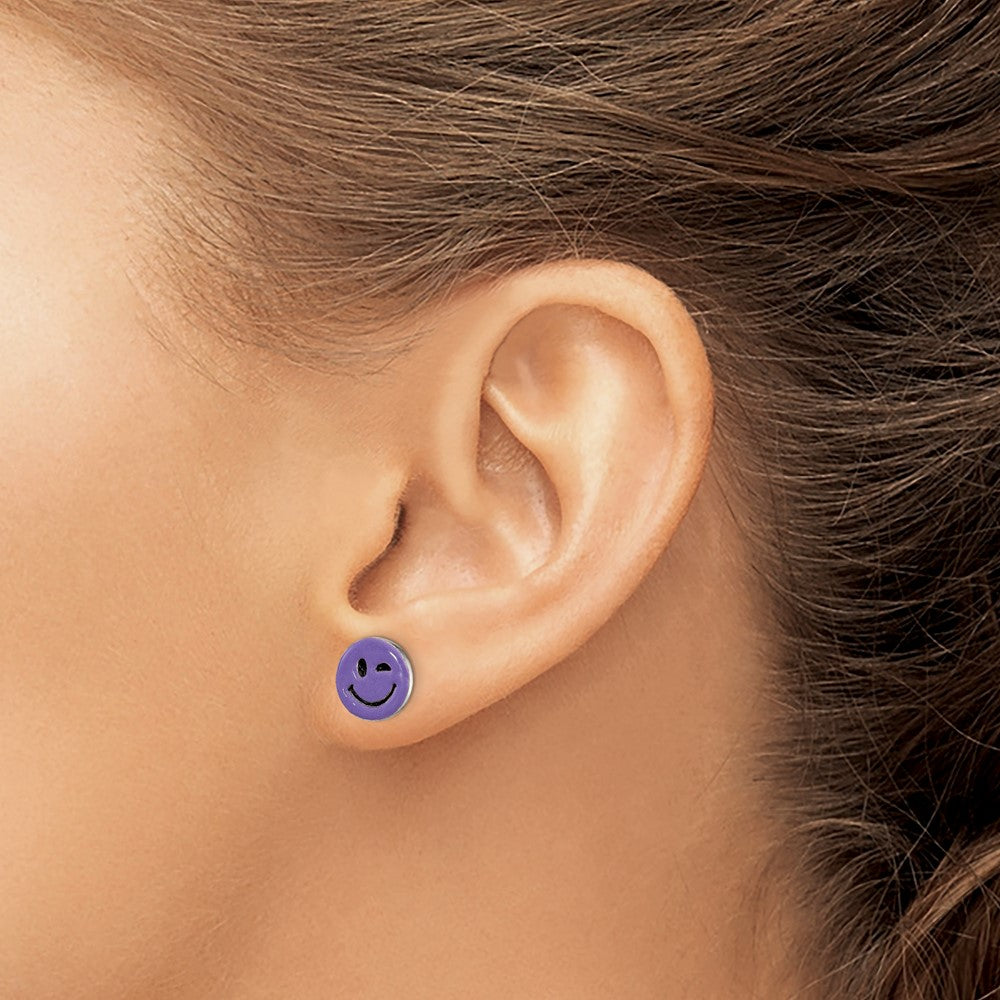Sterling Silver Purple Enamel Winking Smiley Face Post Earrings