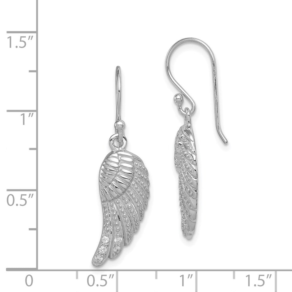 Sterling Silver RH-plated Polished/Textured CZ Wings Dangle Earrings