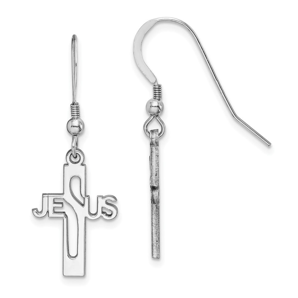 Sterling Silver Rhodium-plated Polished JESUS Cross Dangle Earrings