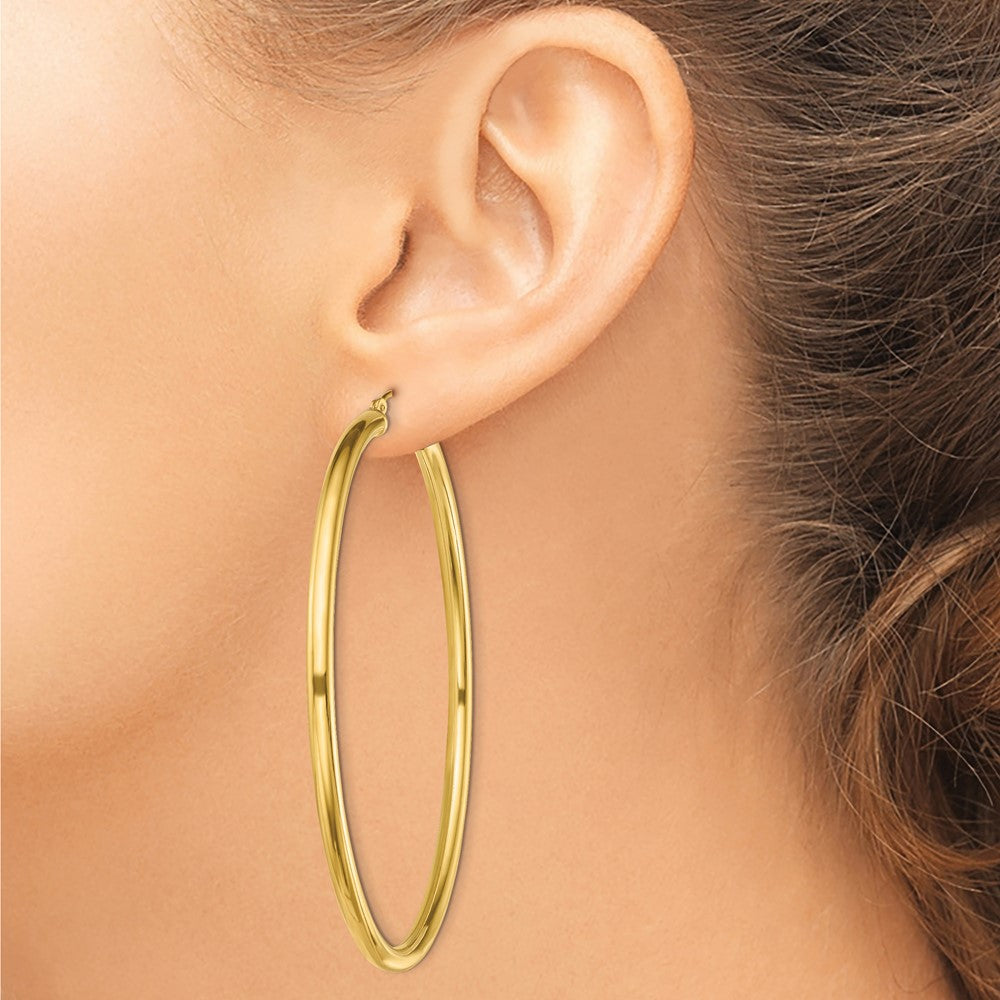 Sterling Silver Gold-Tone Polished 3x65mm Hoop Earrings