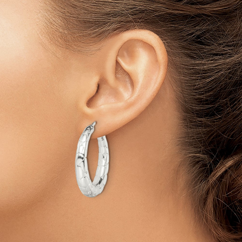 Sterling Silver Polished & Pebbled Round Hoop Earrings