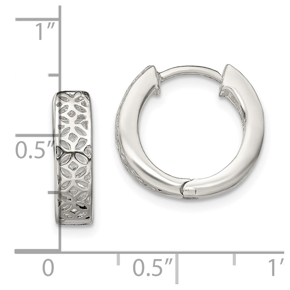 Sterling Silver Polished Cut-out Design Hinged Hoop Earrings