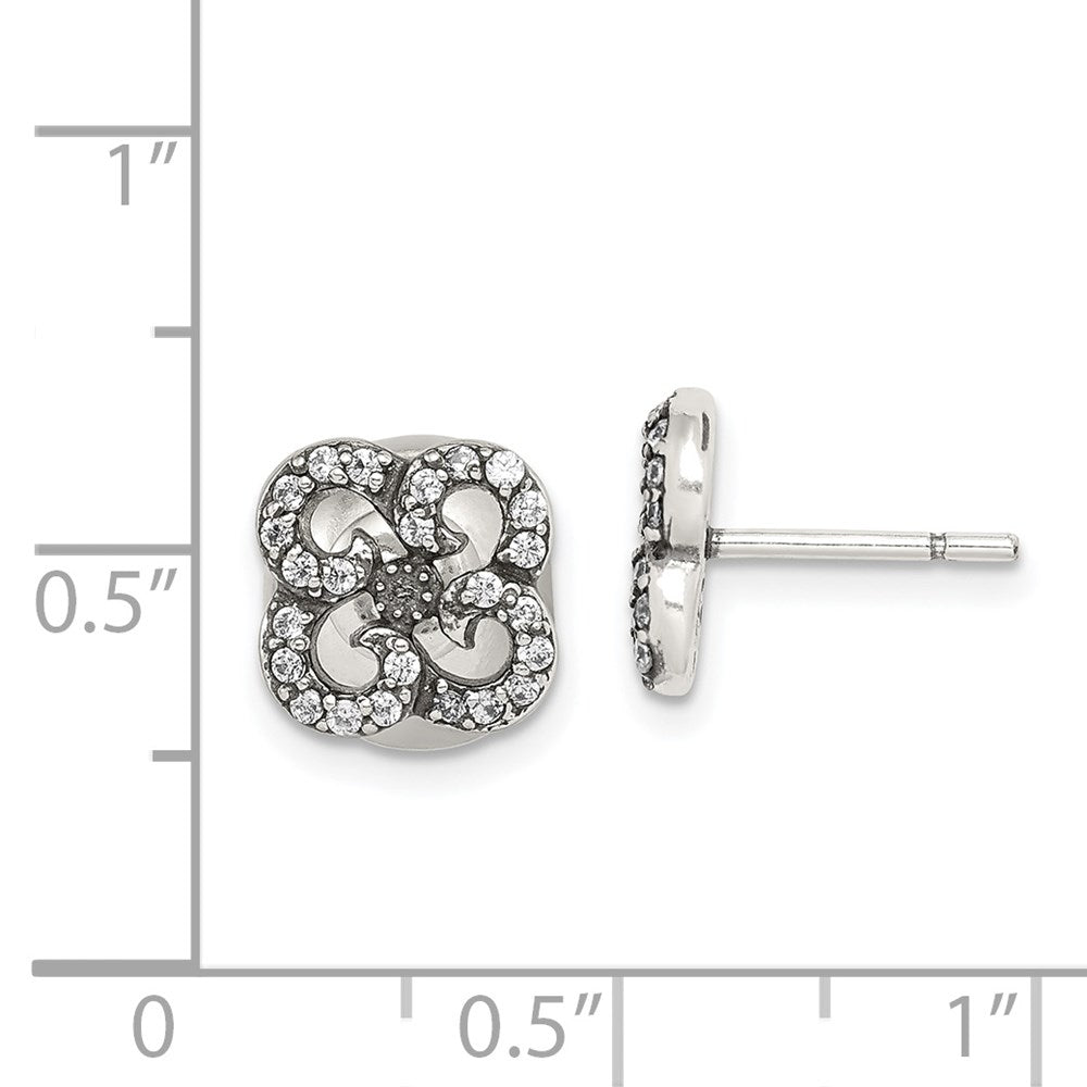 Sterling Silver Antiqued CZ Flower Front & Back Post Earrings