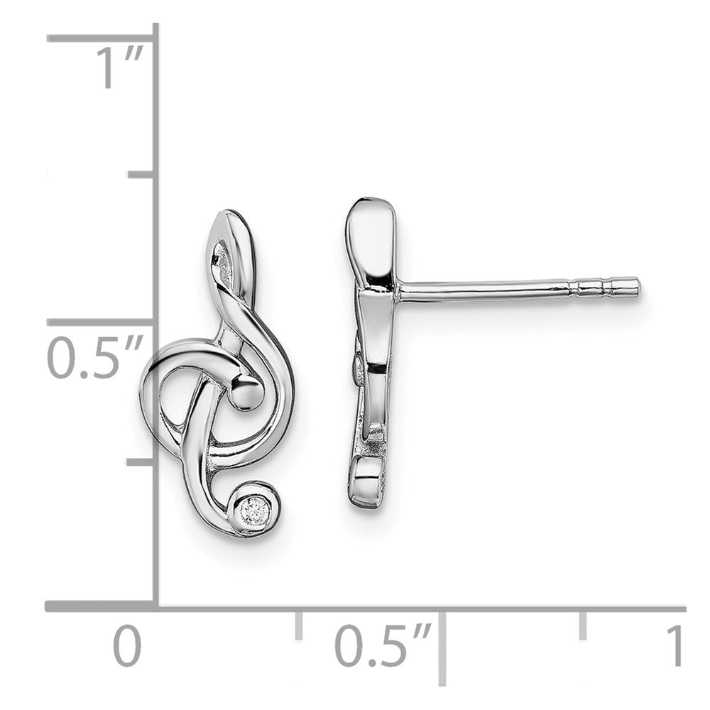 Sterling Silver Rhodium-plated CZ Treble Clef Post Earrings