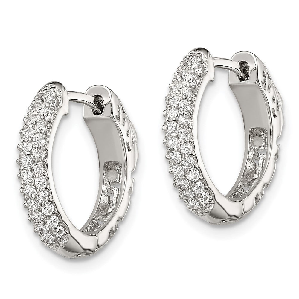Sterling Silver Rhod-plated PavÇ CZ Safety Lock Hinged Hoop Earrings