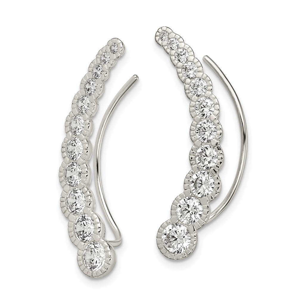 Sterling Silver Polished & Textured Graduated CZ Ear Climber Earrings