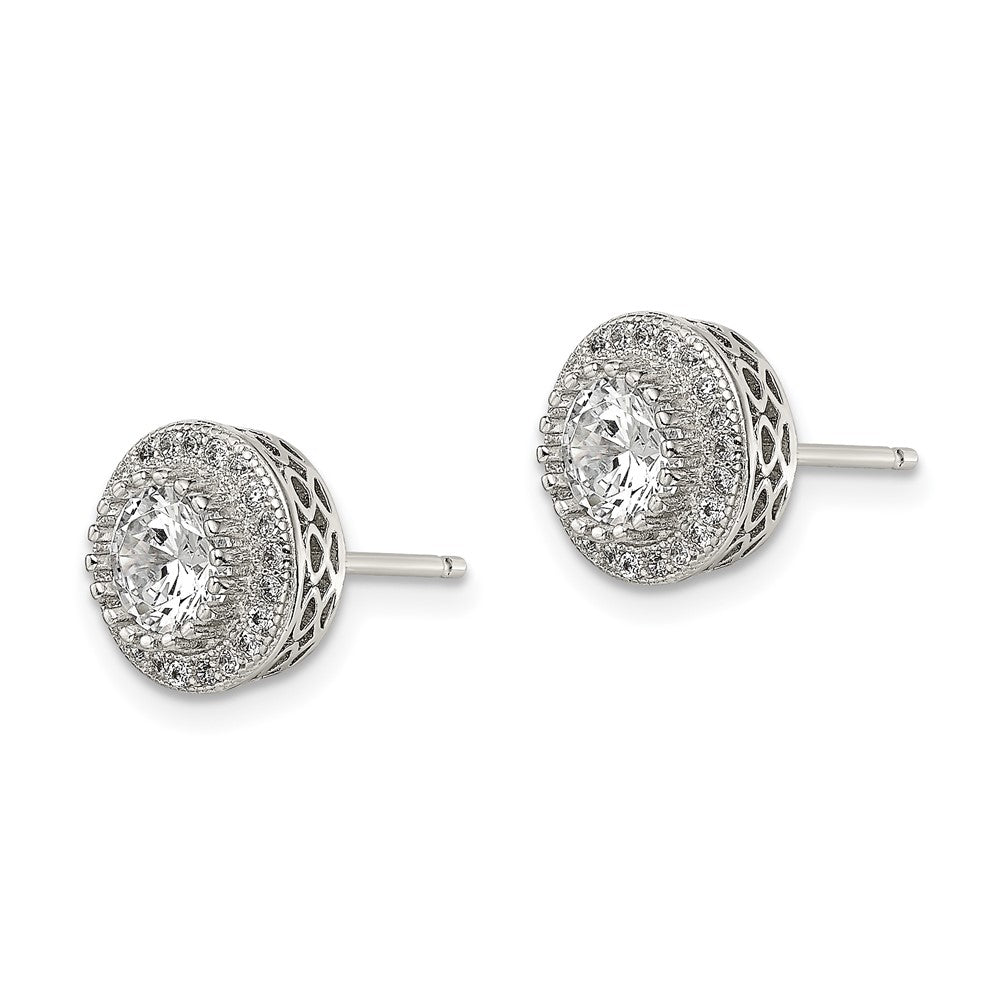 Sterling Silver Rhod-plated Polished PavÇ CZ Halo Round Post Earrings