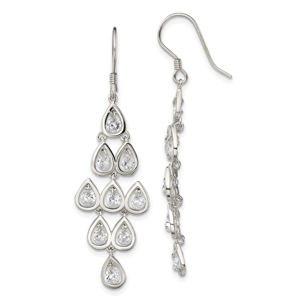 Sterling Silver RH-pltd Polished Fancy Pear CZ Chandelier Dangle Earrings