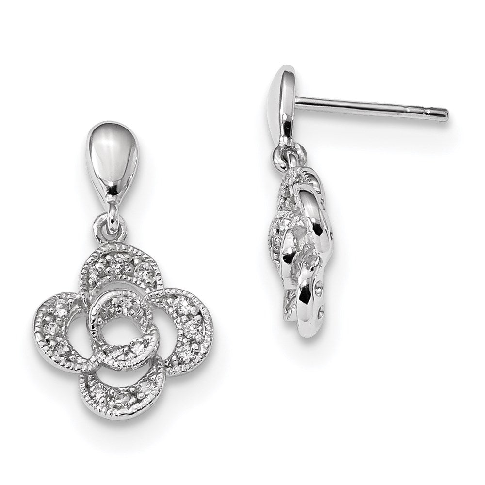Sterling Silver Rhodium-plated CZ Flower Dangle Post Earrings