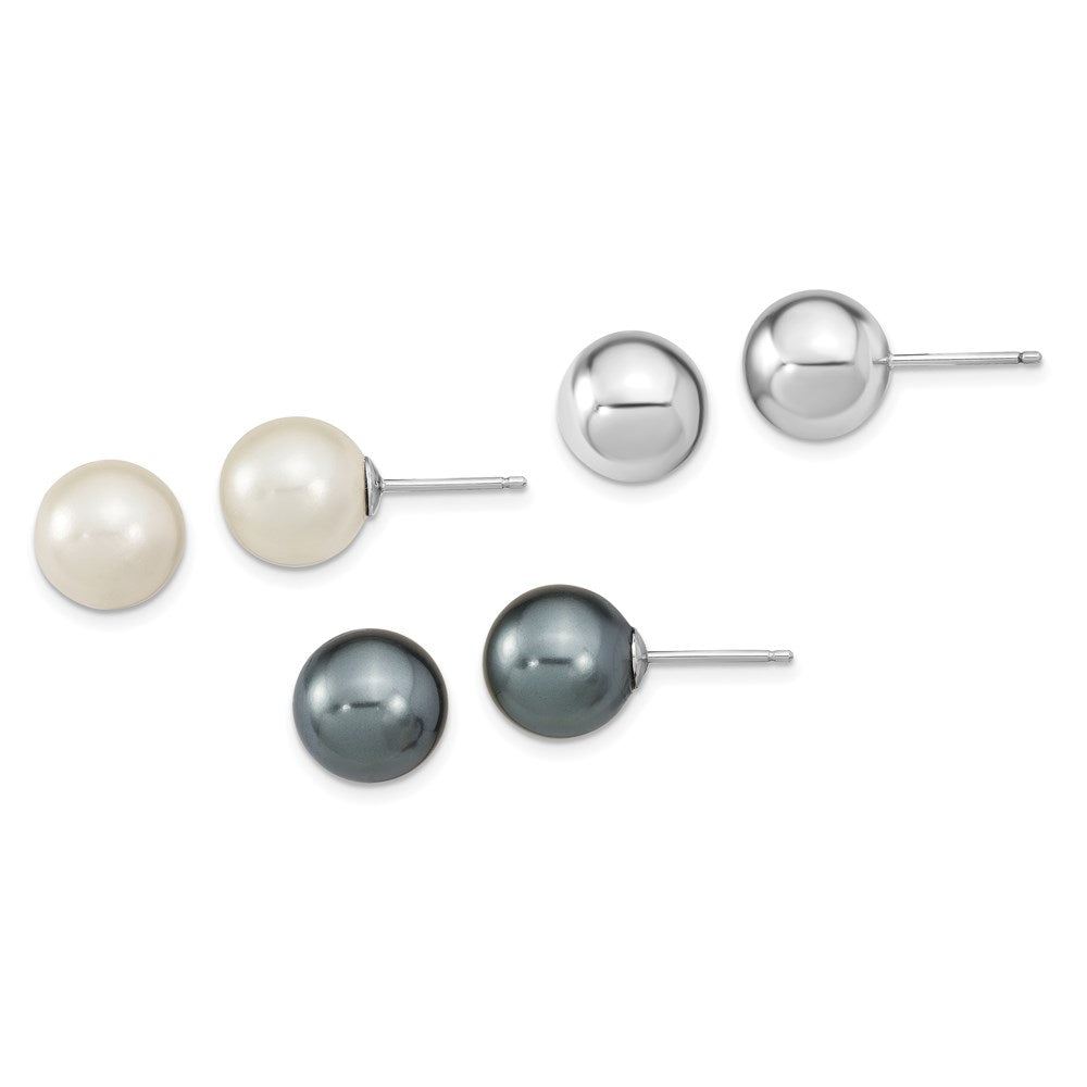 Set of Three 10mm to 11mm Rhodium-plated Sterling Silver, White and Grey Imitation Shell Pearl Earrings