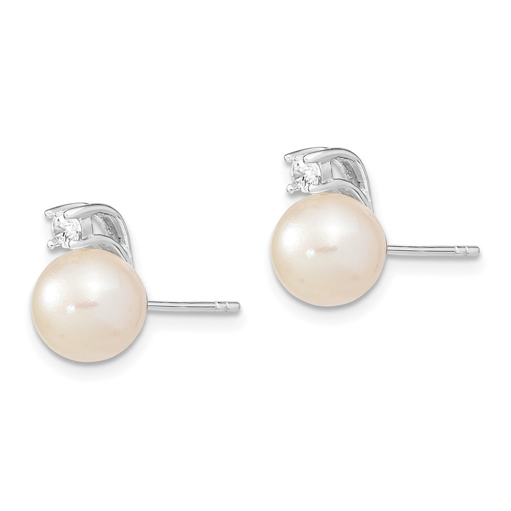 Sterling Silver Rh-plated 8-9mm White Semi-Round FWC Pearl CZ Post Earrings