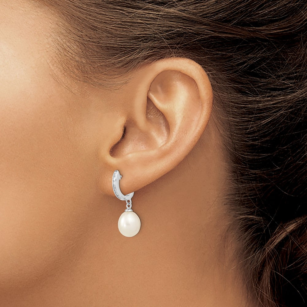 Sterling Silver Rhodium-plated 8-9mm Rice FWC Pearl CZ Dangle Hoop Earrings