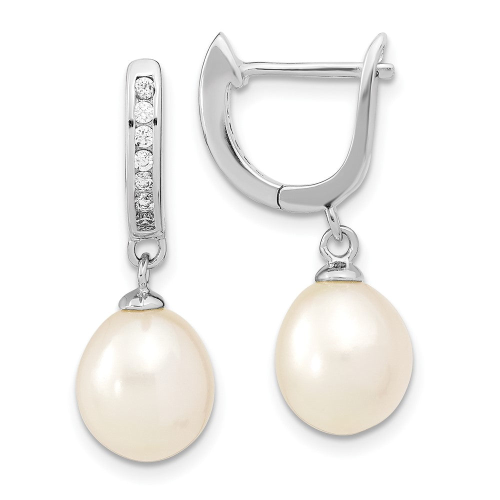 Sterling Silver Rhodium-plated 8-9mm Rice FWC Pearl CZ Dangle Hoop Earrings