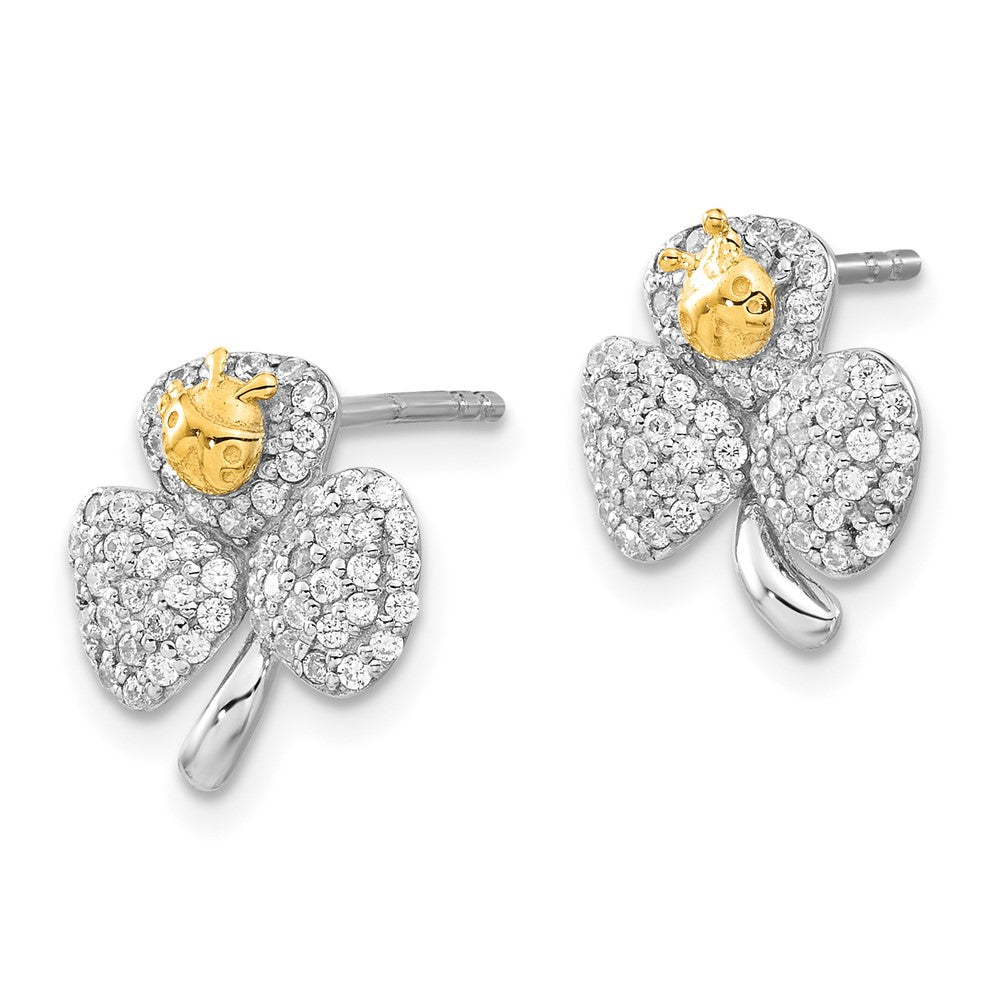 Sterling Silver Rhodium & Gold-tone Polished CZ Ladybug & Clover Post Earrings