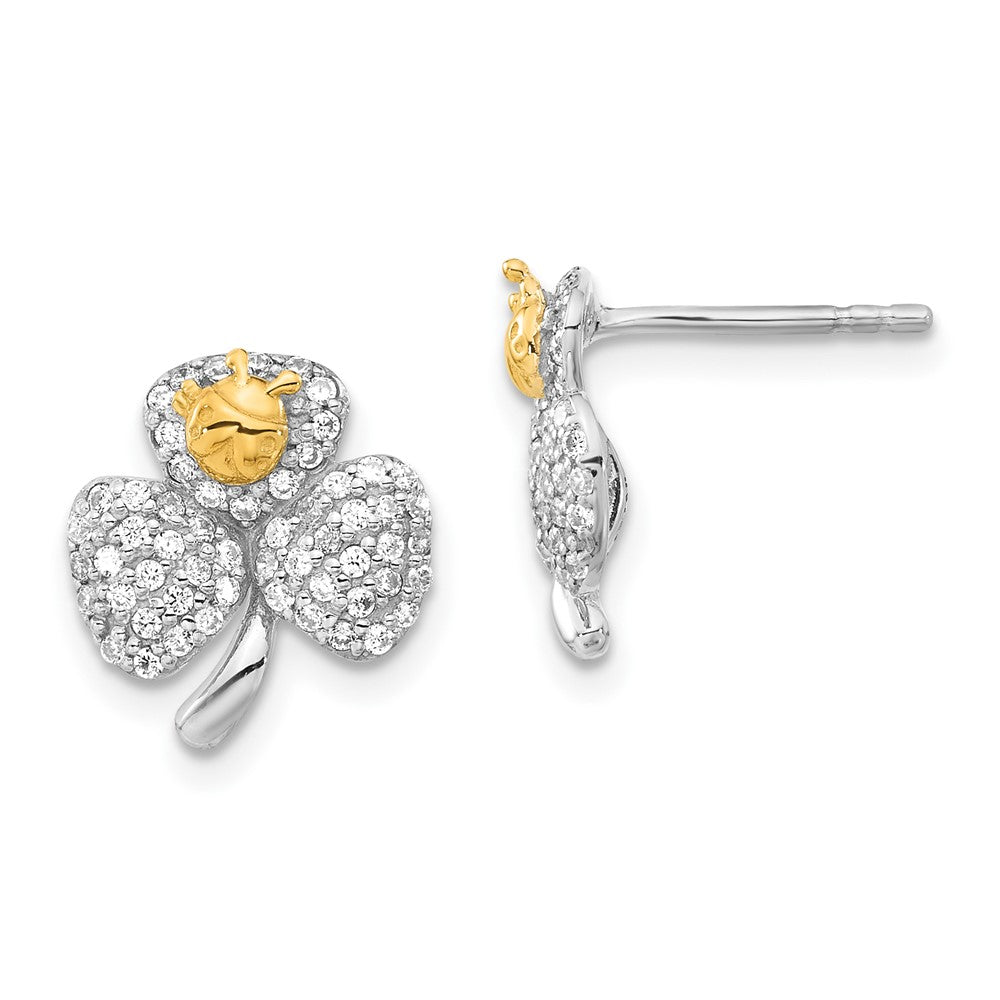 Sterling Silver Rhodium & Gold-tone Polished CZ Ladybug & Clover Post Earrings