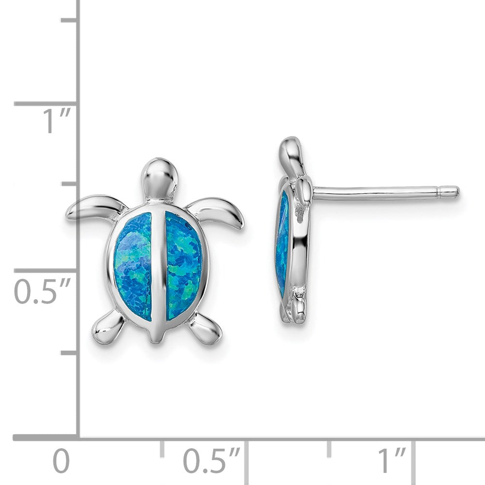 Sterling Silver Rhodium-plated Polished Blue Created Opal Polished Turtle Post Earrings