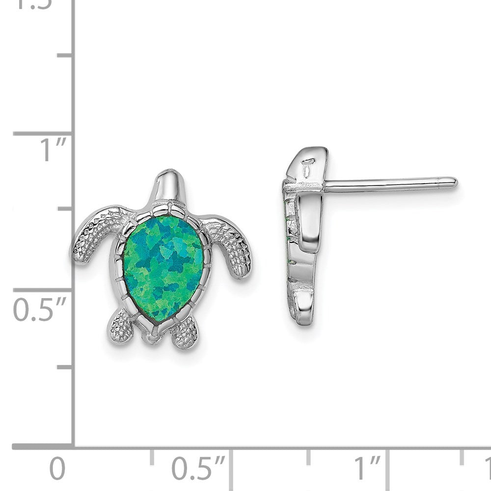 Sterling Silver Rhodium-plated Polished Green Created Opal Turtle Post Earrings