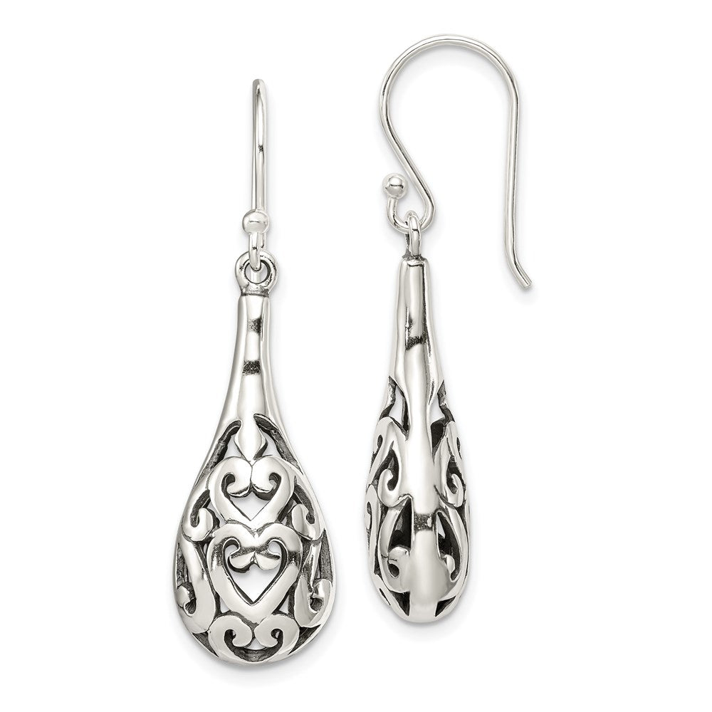 Sterling Silver Polished & Antiqued Filigree Heart Teardrop Dangle Earrings