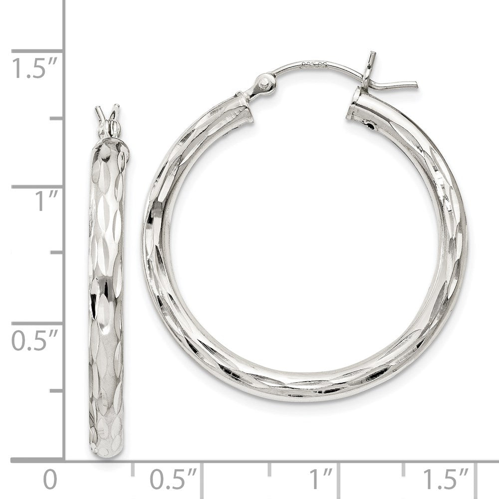 Sterling Silver Diamond-cut Satin 3x30mm Hoop Earrings