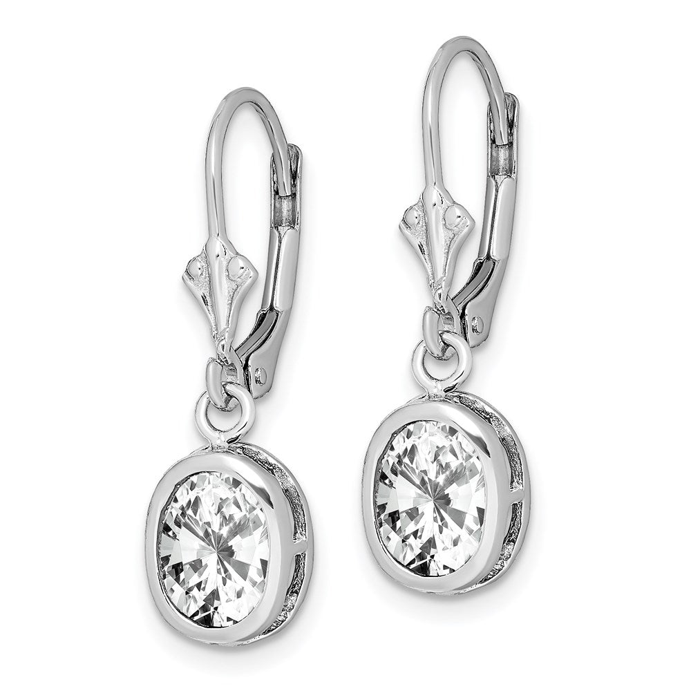 Sterling Silver Rhodium Plated 8x6mm Oval CZ Leverback Earrings