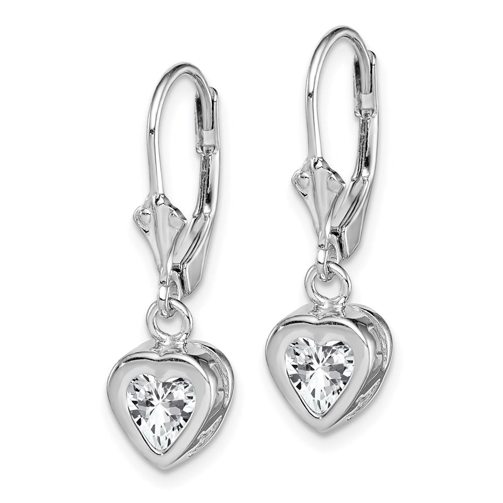 Sterling Silver Rhodium Plated 6mm Heart CZ Leverback Earrings