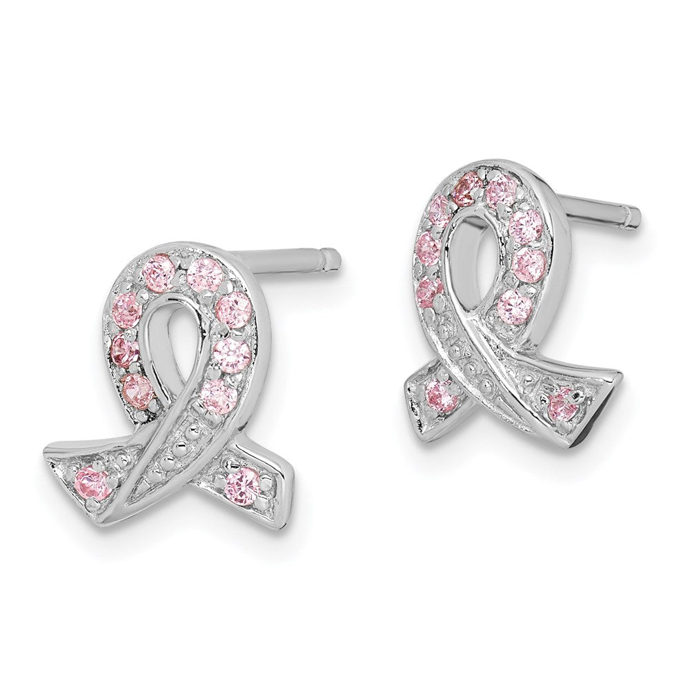 Sterling Silver Rhodium-plated Pink CZ Ribbon Earrings