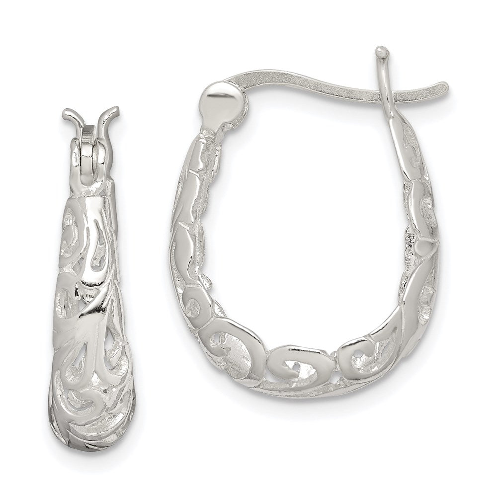 Sterling Silver Polished Filigree Oval Hoop Earrings
