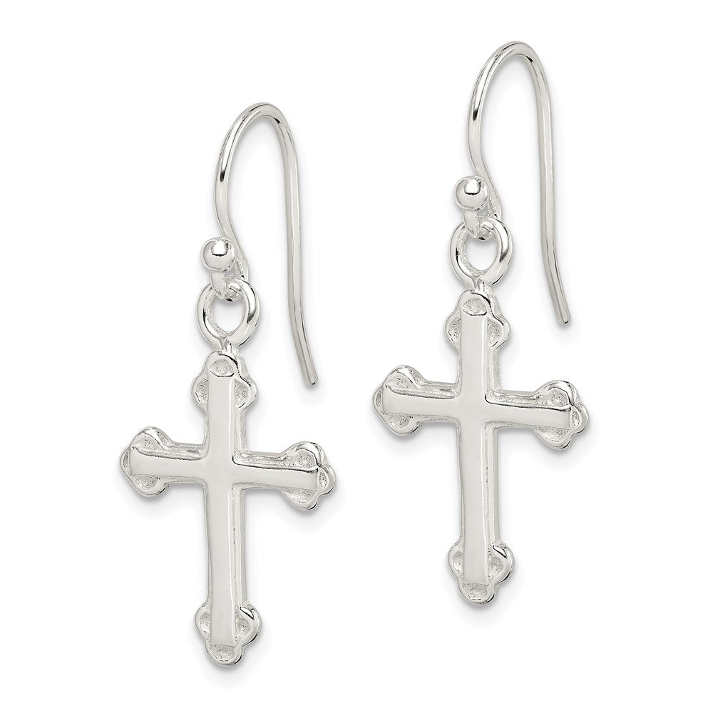 Sterling Silver Polished Budded Cross Dangle Earrings