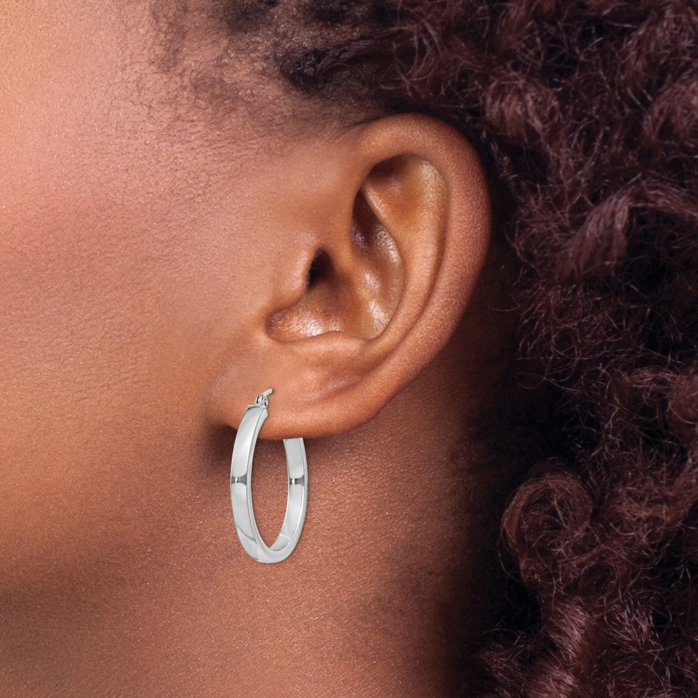 Sterling Silver RH-plated Concave 3x1x25mm Rectangular Tube Hoop Earrings