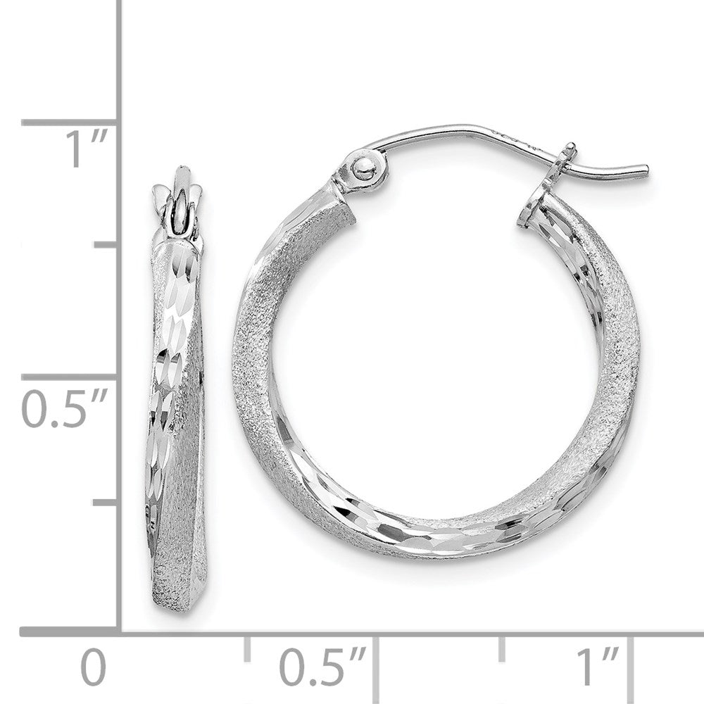 Sterling Silver RH-plated Satin Diamond-cut 2.5x20mm Twisted Hoop Earrings