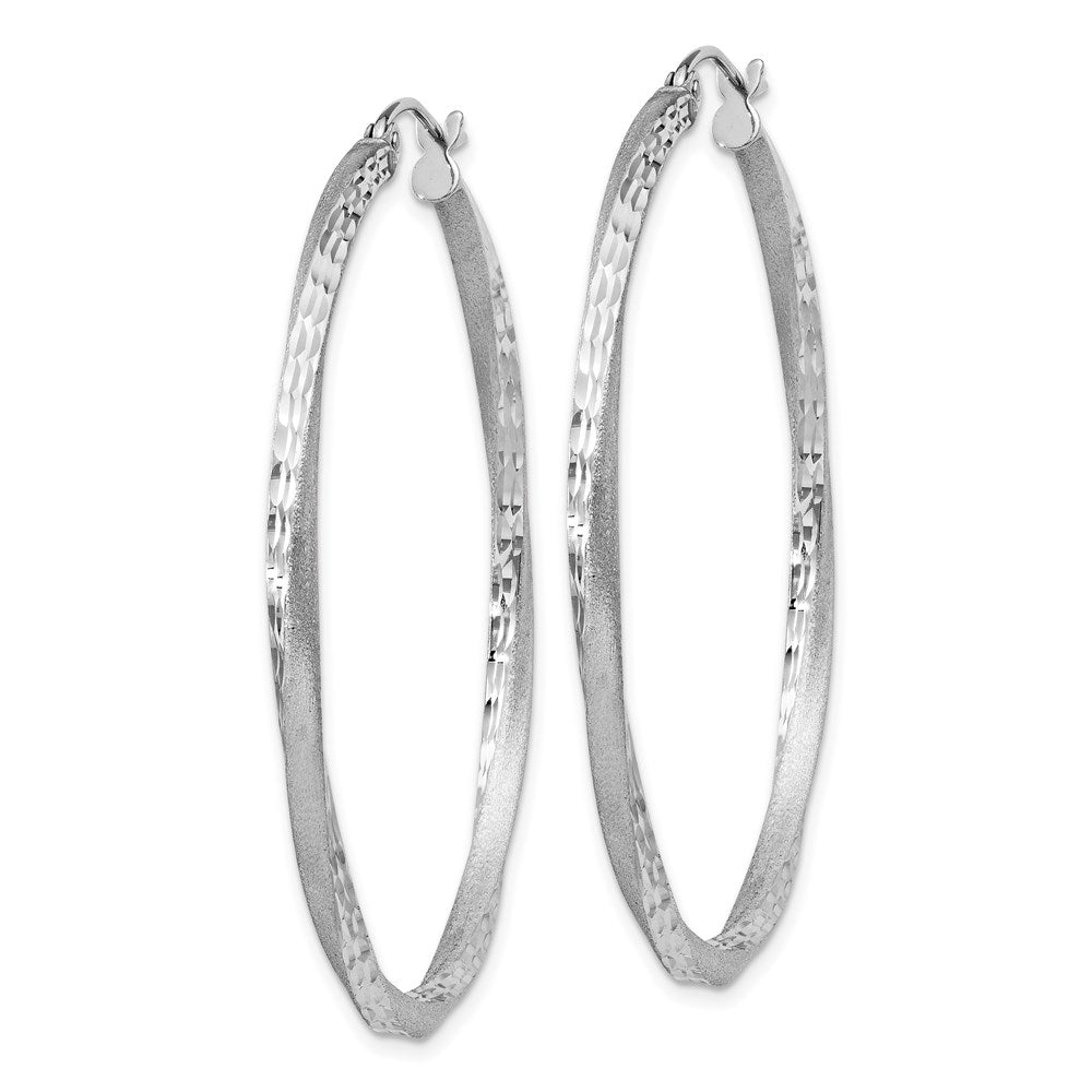 Sterling Silver RH-plated Satin Diamond-cut 2.5x45mm Twisted Hoop Earrings