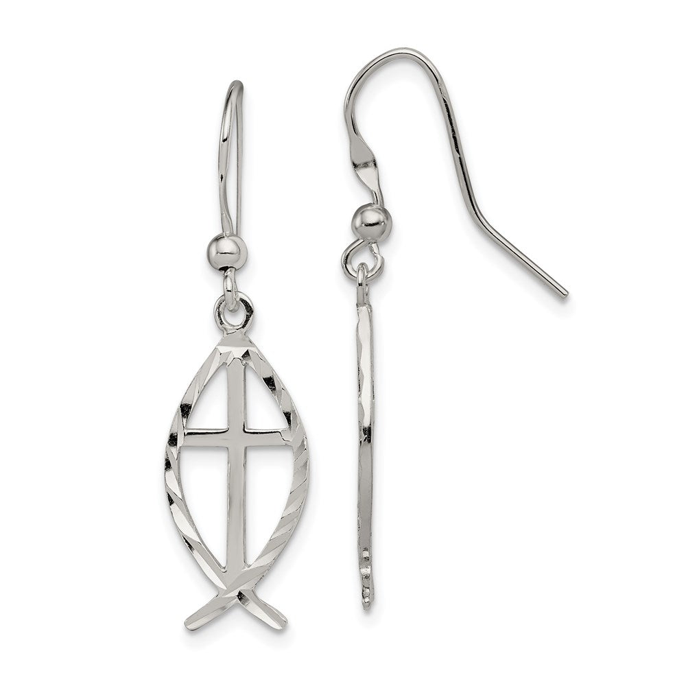 Sterling Silver Polished & D/C Cross & Ichthus Dangle Earrings