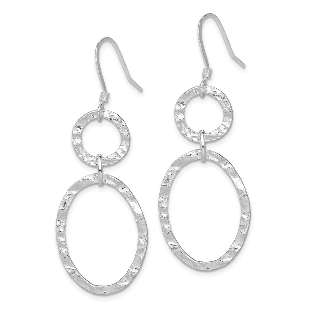 Sterling Silver Rhod-plated Polished & Hammered Circle & Oval Dangle Earrin