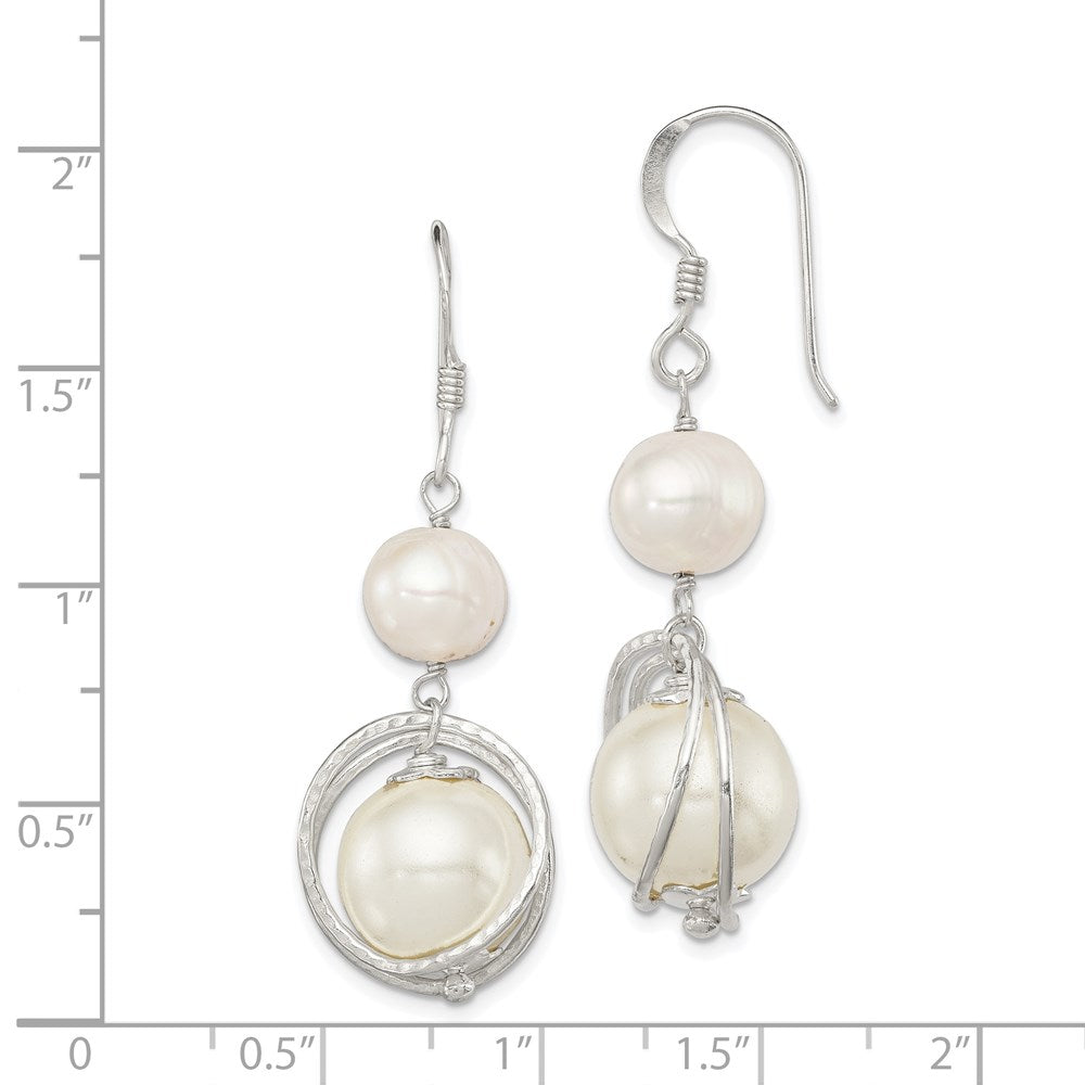 Sterling Silver Polished & Textured White 8-9mm Freshwater Cultured Pearl & 11-12mm Shell Pearl Dangle Earrings
