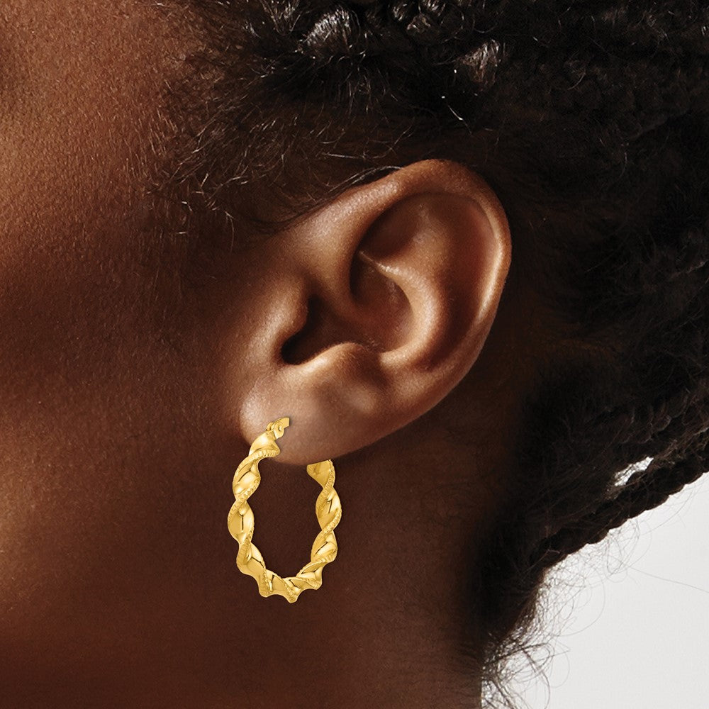 Sterling Silver Gold Flash Plated Patterned Twisted 4x25mm Hoop Earrings