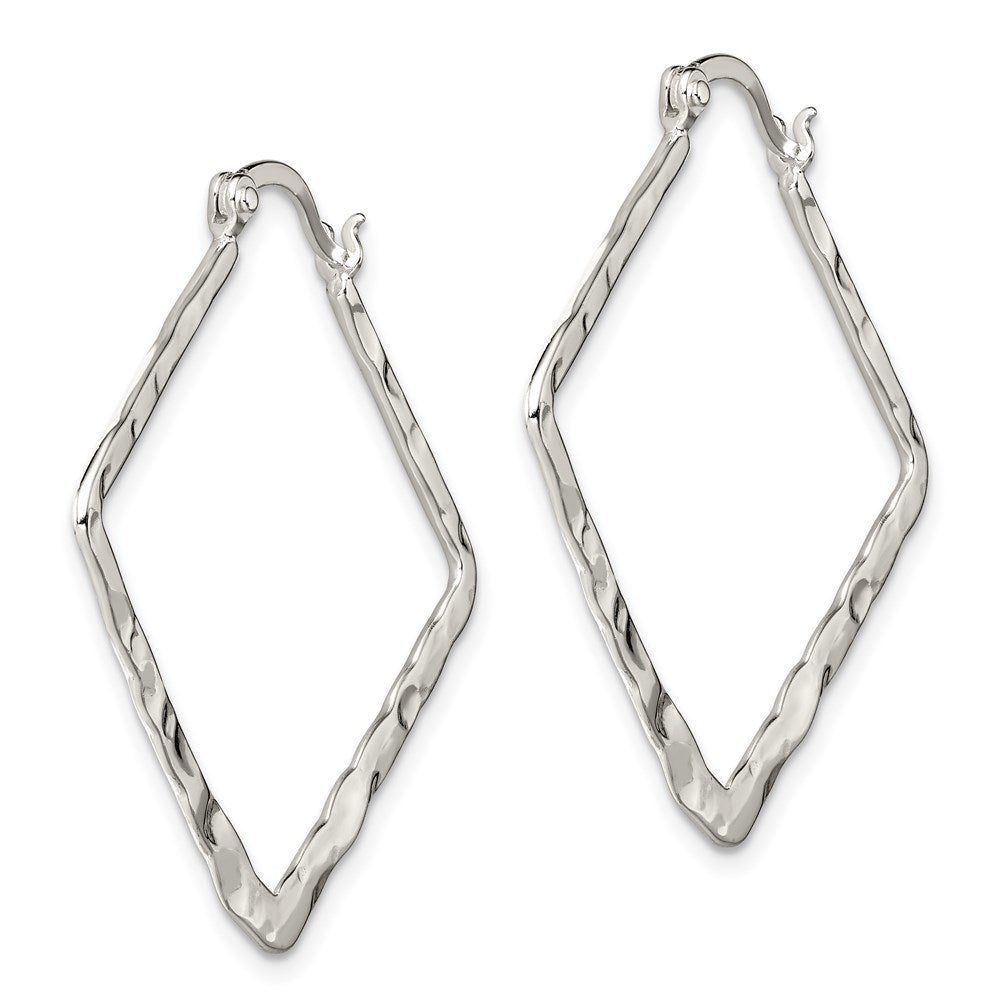 Sterling Silver Rhod-pltd Polished/Hammered Square Hoop Earrings