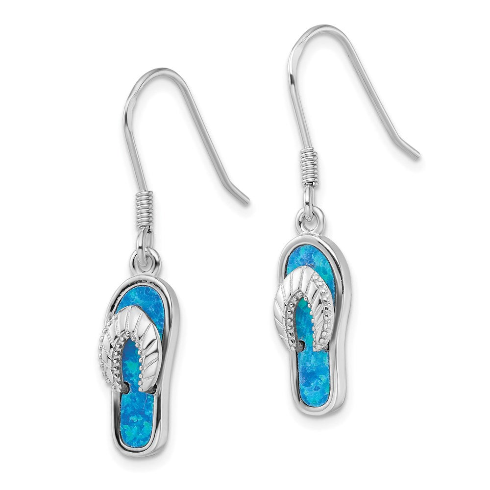 Sterling Silver Rhodium-plated Created Blue Inlay Opal Sandal Dangle Earrings