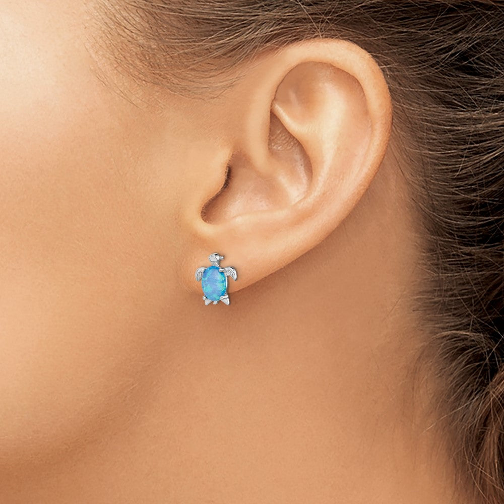Sterling Silver Rhodium-plated Created Opal Polished Turtle Post Earrings