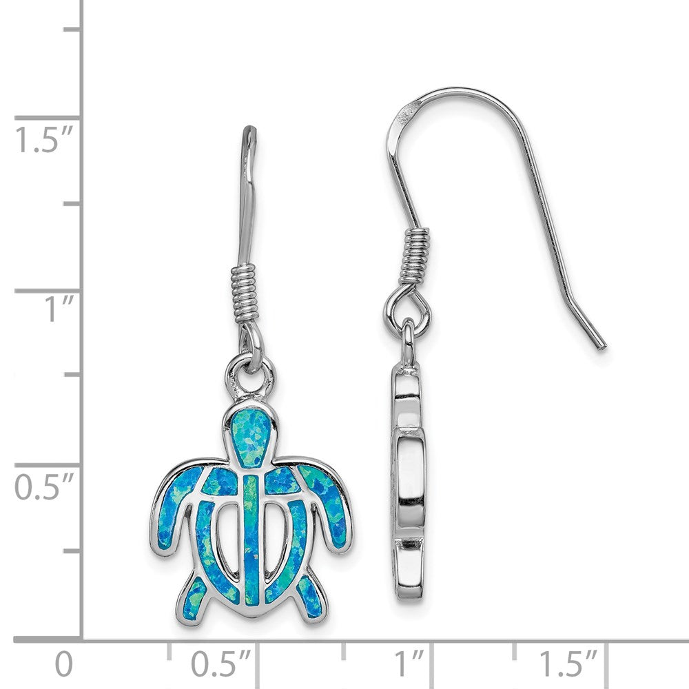 Sterling Silver Rhodium-plated Created Blue Opal Inlay Tortoise Dangle Earrings