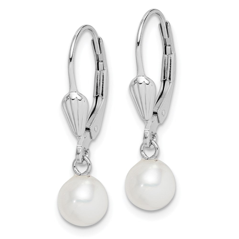Sterling Silver Rhodium-plated Polished & Textured White 6-7mm Freshwater Cultured Pearl Leverback Dangle Earrings