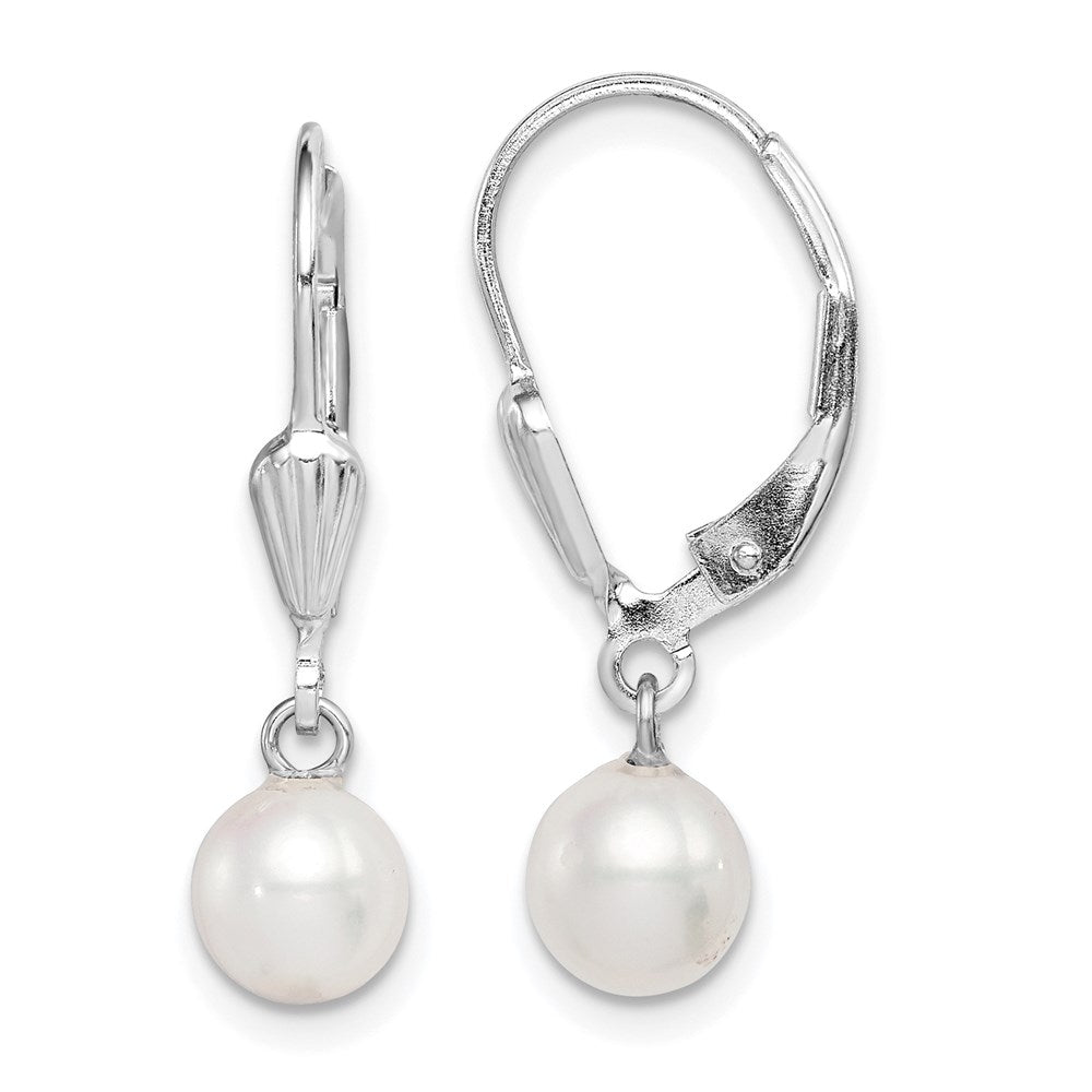 Sterling Silver Rhodium-plated Polished & Textured White 6-7mm Freshwater Cultured Pearl Leverback Dangle Earrings