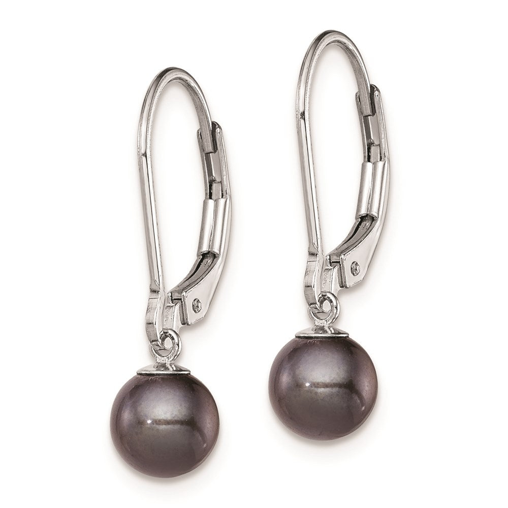 Sterling Silver Rhodium-plated Polished 6-7mm Black Freshwater Cultured Pearl Leverback Dangle Earrings