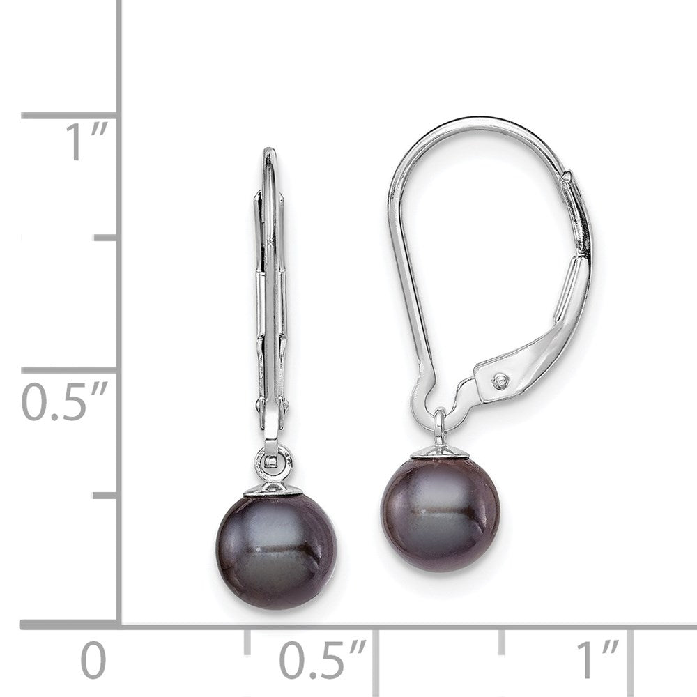 Sterling Silver Rhodium-plated Polished 6-7mm Black Freshwater Cultured Pearl Leverback Dangle Earrings