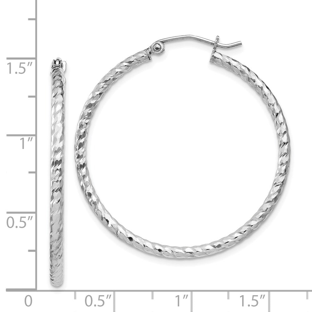 Sterling Silver Rhodium Plated Diamond-cut 2x35mm Hoop Earrings